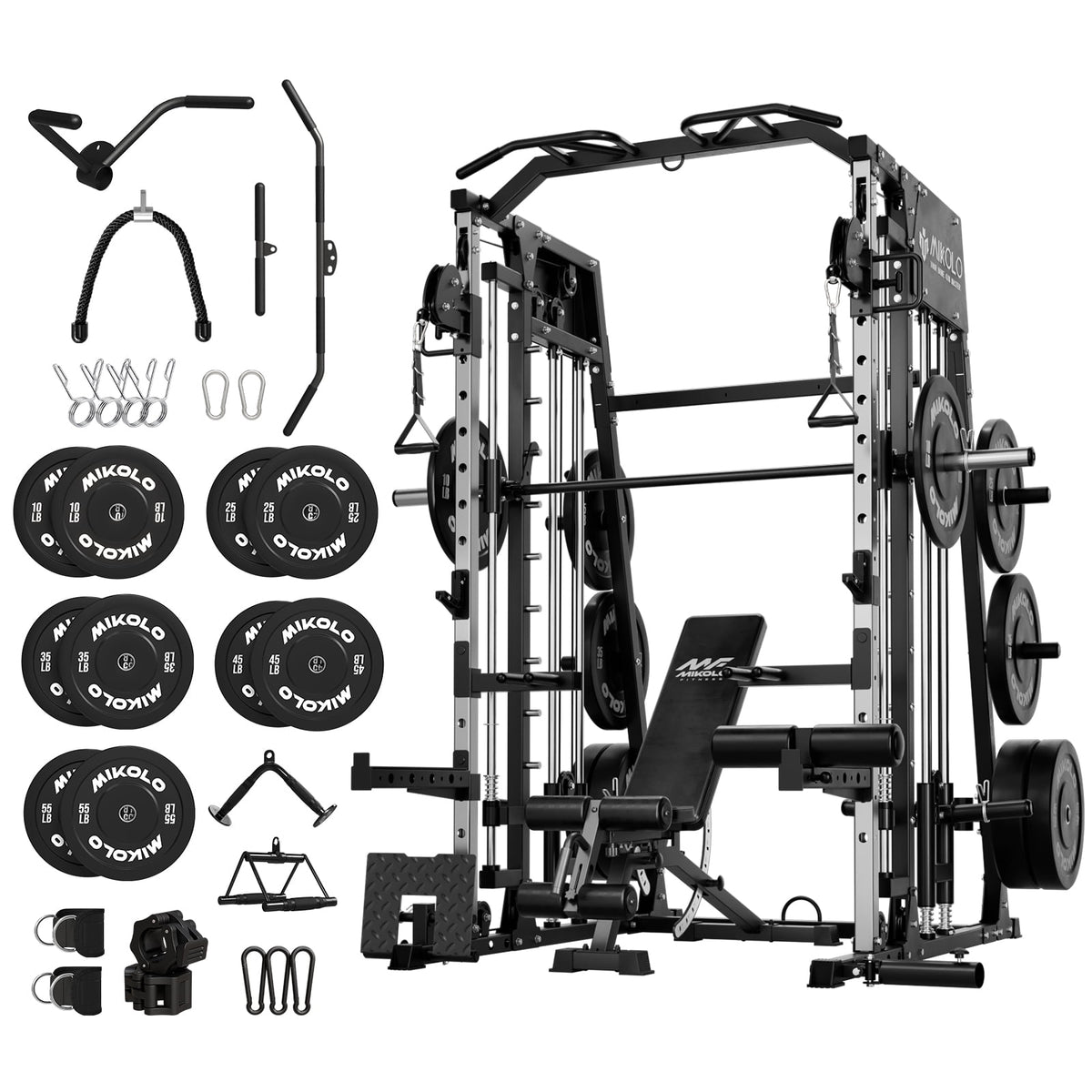 Mikolo Smith Machine Home Gym, 2200 lbs Power Rack Cage with Cable Crossover, Power Rack with 1200LB Capacity Adjustable Weight Bench and 230 lbs Weight Plate, Total Body Strength Training Equipment