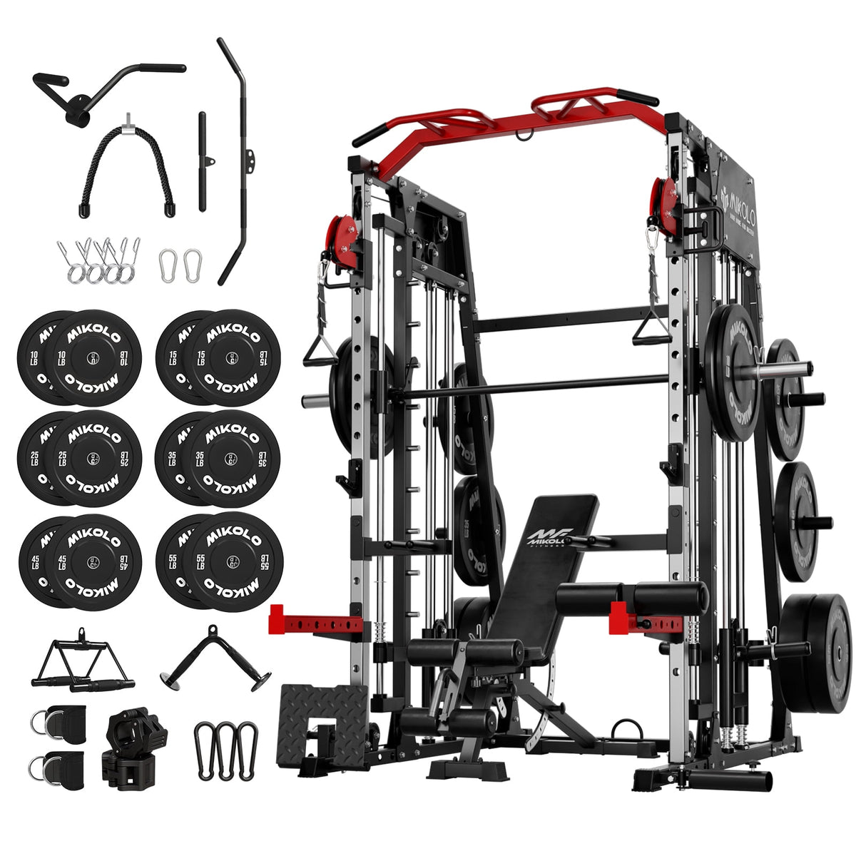 Mikolo Smith Machine Home Gym, 2200 lbs Power Rack Cage with Cable Crossover, Power Rack with 1200LB Capacity Adjustable Weight Bench and 230 lbs Weight Plate, Total Body Strength Training Equipment