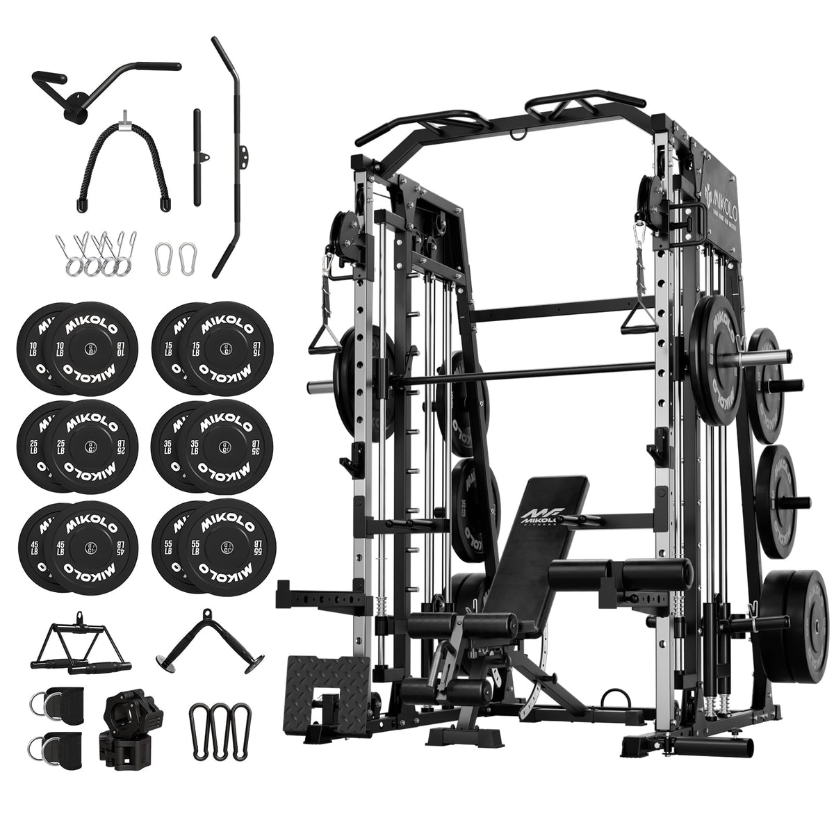 Mikolo Smith Machine Home Gym, 2200 lbs Power Rack Cage with Cable Crossover, Power Rack with 1200LB Capacity Adjustable Weight Bench and 230 lbs Weight Plate, Total Body Strength Training Equipment