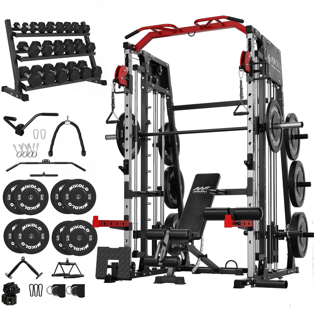 Mikolo Smith Machine Home Gym, 2200 lbs Power Rack Cage with Cable Crossover, Power Rack with 1200LB Capacity Adjustable Weight Bench and 230 lbs Weight Plate, Total Body Strength Training Equipment