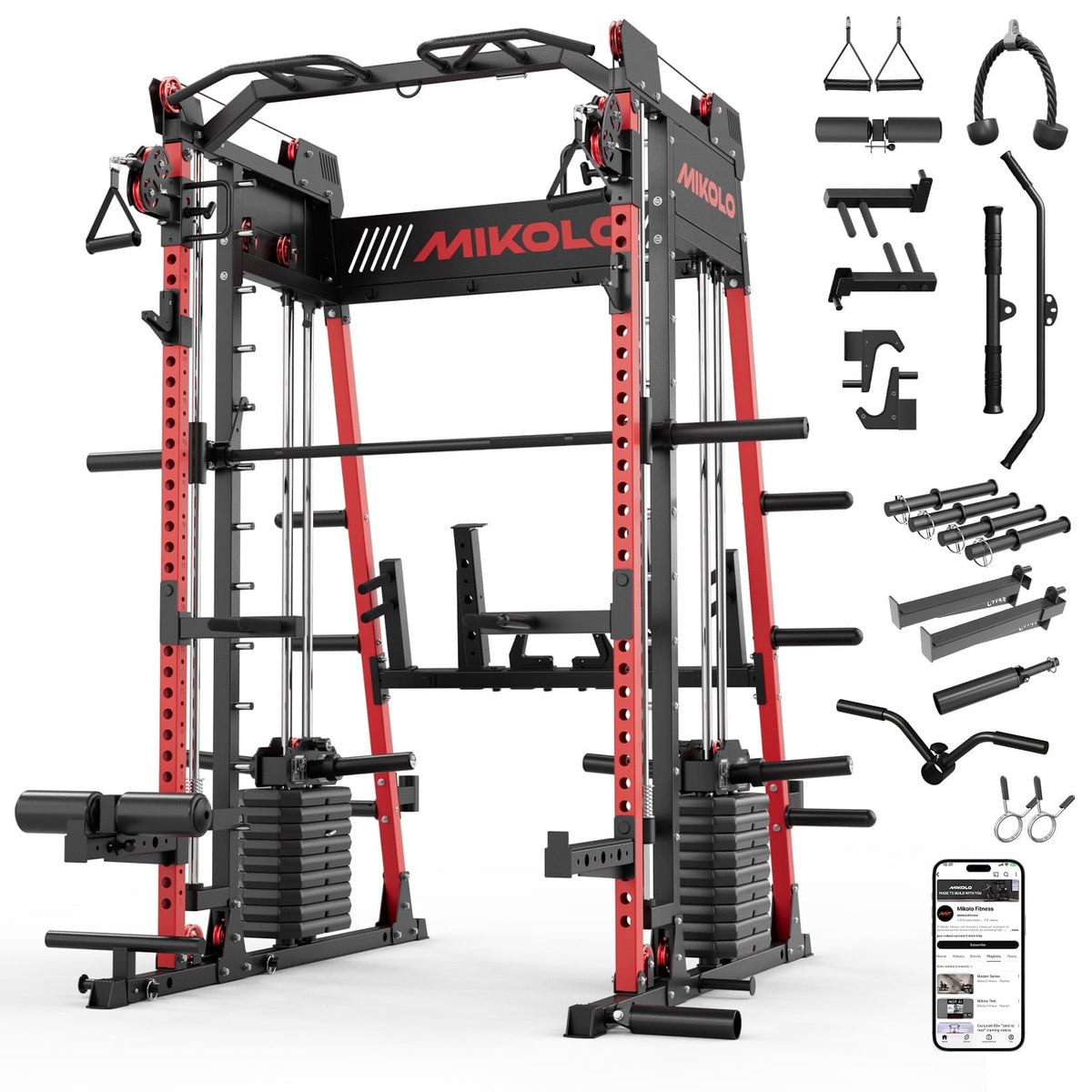 Mikolo Smith Machine Home Gym, 2200 lbs Power Rack Cage with Cable Crossover, Power Rack with 1200LB Capacity Adjustable Weight Bench and 230 lbs Weight Plate, Total Body Strength Training Equipment