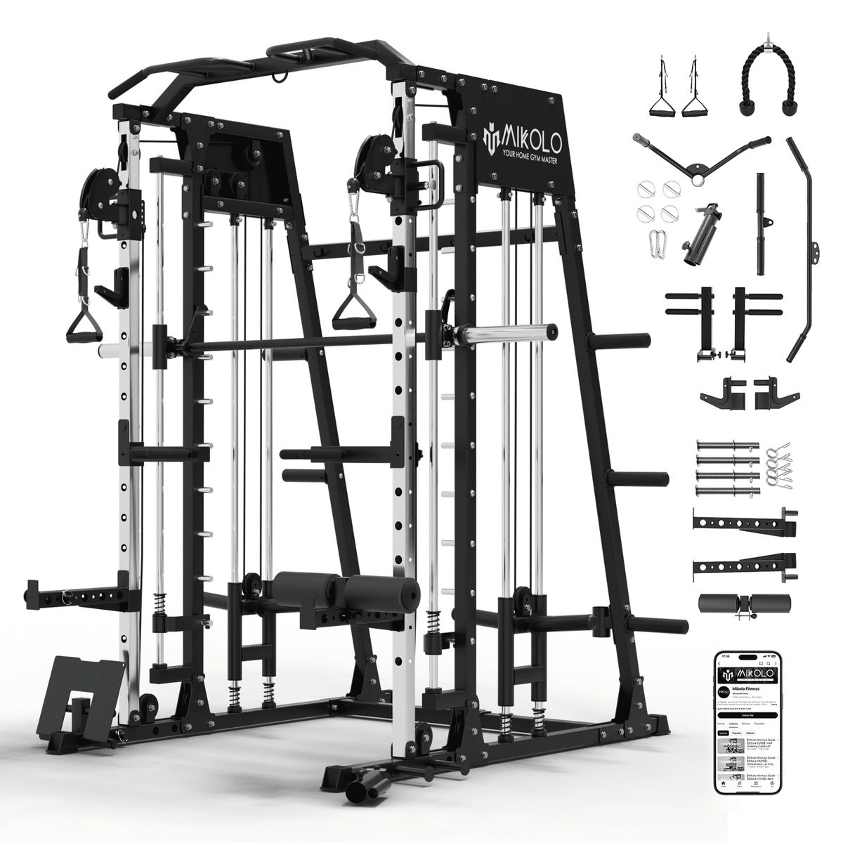 Mikolo Smith Machine Home Gym, 2200 lbs Power Rack Cage with Cable Crossover, Power Rack with 1200LB Capacity Adjustable Weight Bench and 230 lbs Weight Plate, Total Body Strength Training Equipment