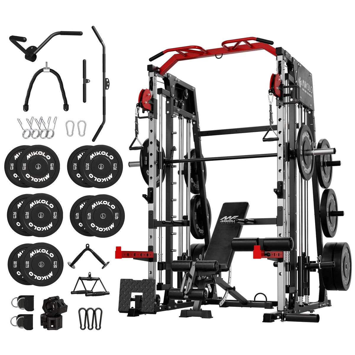 Mikolo Smith Machine Home Gym, 2200 lbs Power Rack Cage with Cable Crossover, Power Rack with 1200LB Capacity Adjustable Weight Bench and 230 lbs Weight Plate, Total Body Strength Training Equipment