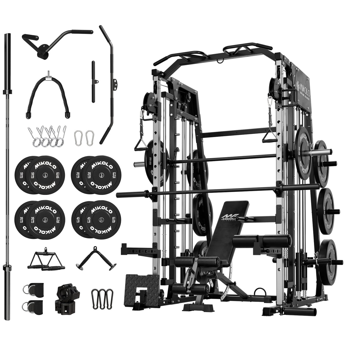 Mikolo Smith Machine Home Gym, 2200 lbs Power Rack Cage with Cable Crossover, Power Rack with 1200LB Capacity Adjustable Weight Bench and 230 lbs Weight Plate, Total Body Strength Training Equipment