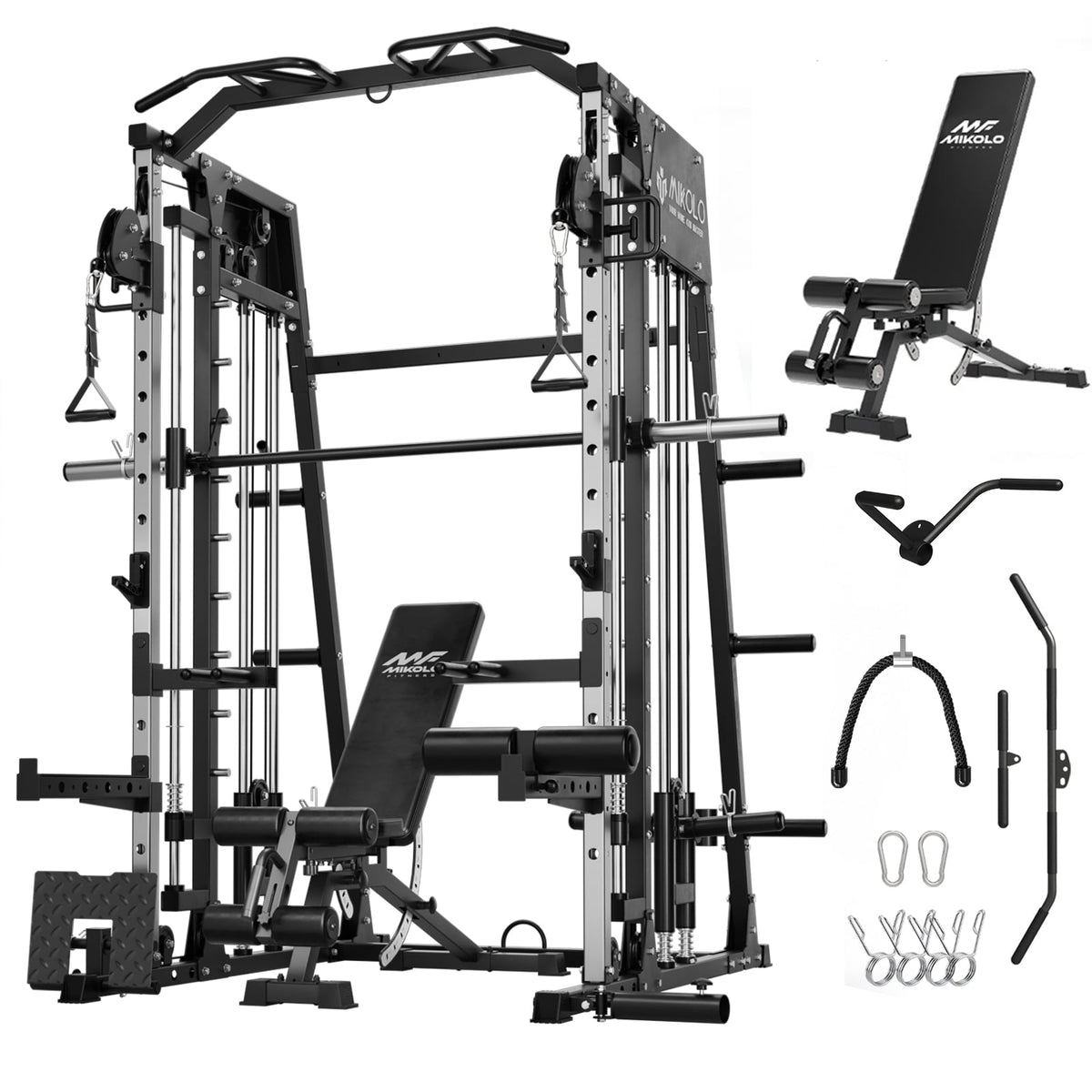 Mikolo Smith Machine Home Gym, 2200 lbs Power Rack Cage with Cable Crossover, Power Rack with 1200LB Capacity Adjustable Weight Bench and 230 lbs Weight Plate, Total Body Strength Training Equipment