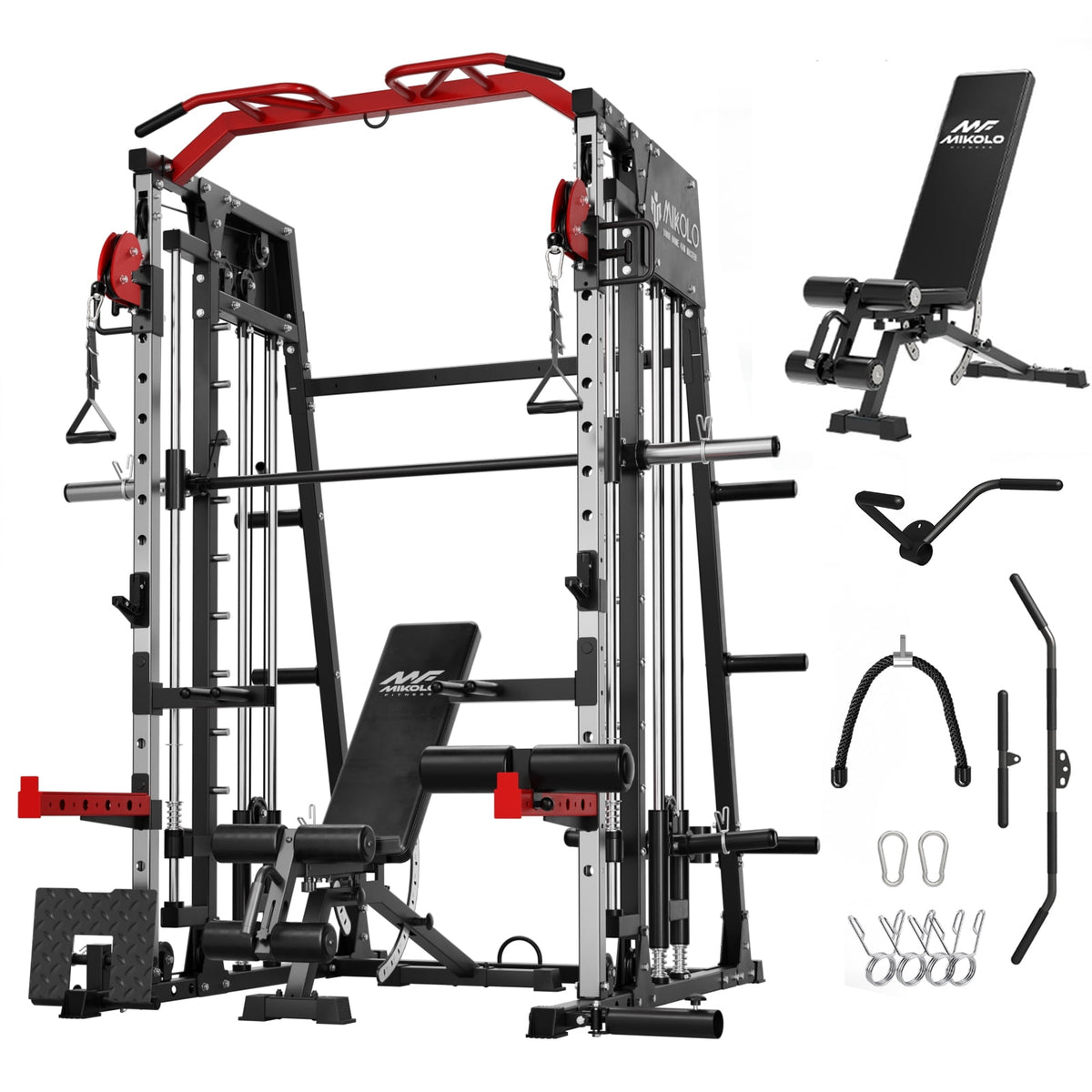 Mikolo Smith Machine Home Gym, 2200 lbs Power Rack Cage with Cable Crossover, Power Rack with 1200LB Capacity Adjustable Weight Bench and 230 lbs Weight Plate, Total Body Strength Training Equipment