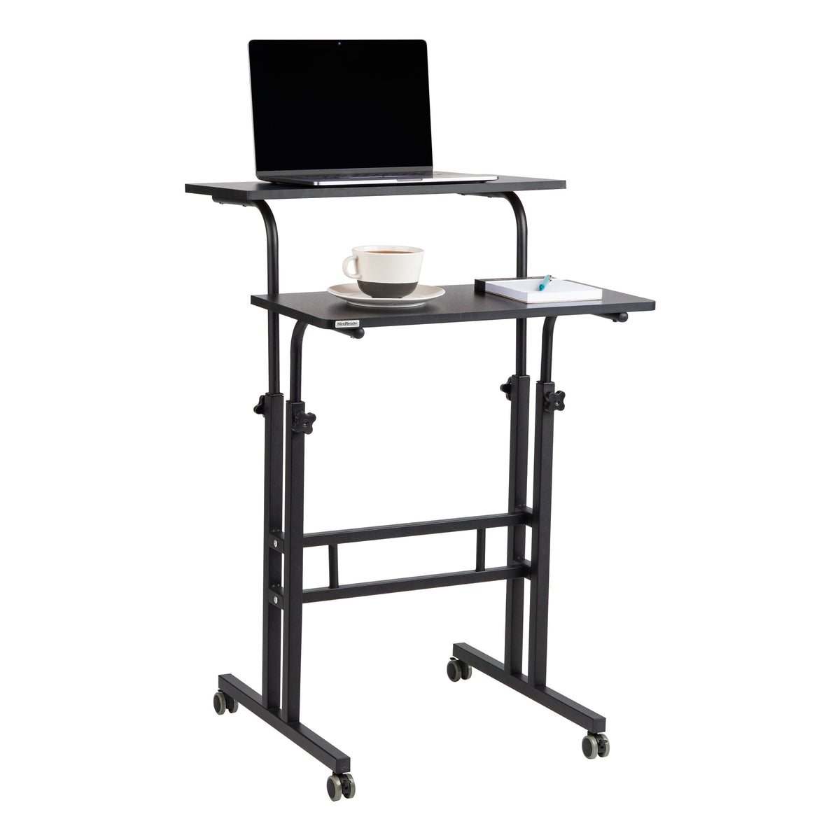 Mind Reader Standing Desk, Adjustable Height Laptop Workstation, Portable Rolling Desk on Wheels, Two-Tier Metal Frame, White