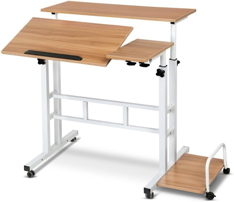 Adjustable Height Mobile Standing Desk – Compact Rolling Workstation for Small Spaces – Ergonomic, Portable – Dark walnut