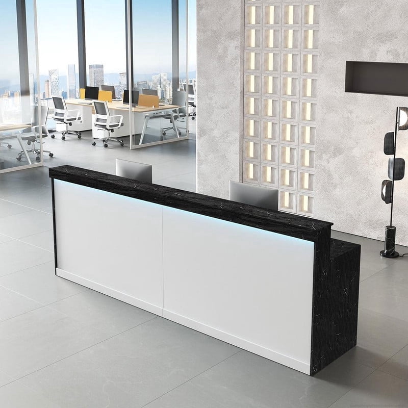 Modern Ergonomic Reception Desk With LED Lighting（Black Grain & White; 71"L x 24"W x 39"H）