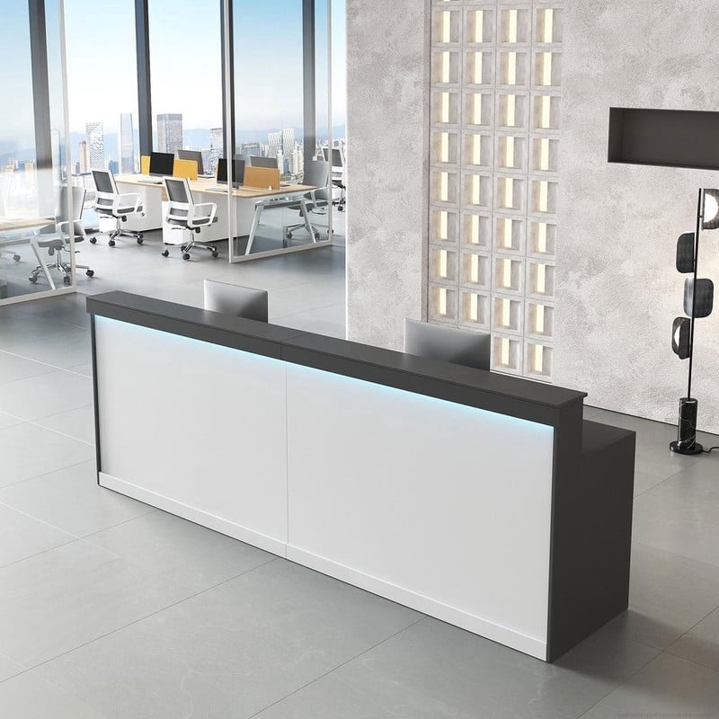 Modern Ergonomic Reception Desk With LED Lighting（Black Grain & White; 71"L x 24"W x 39"H）