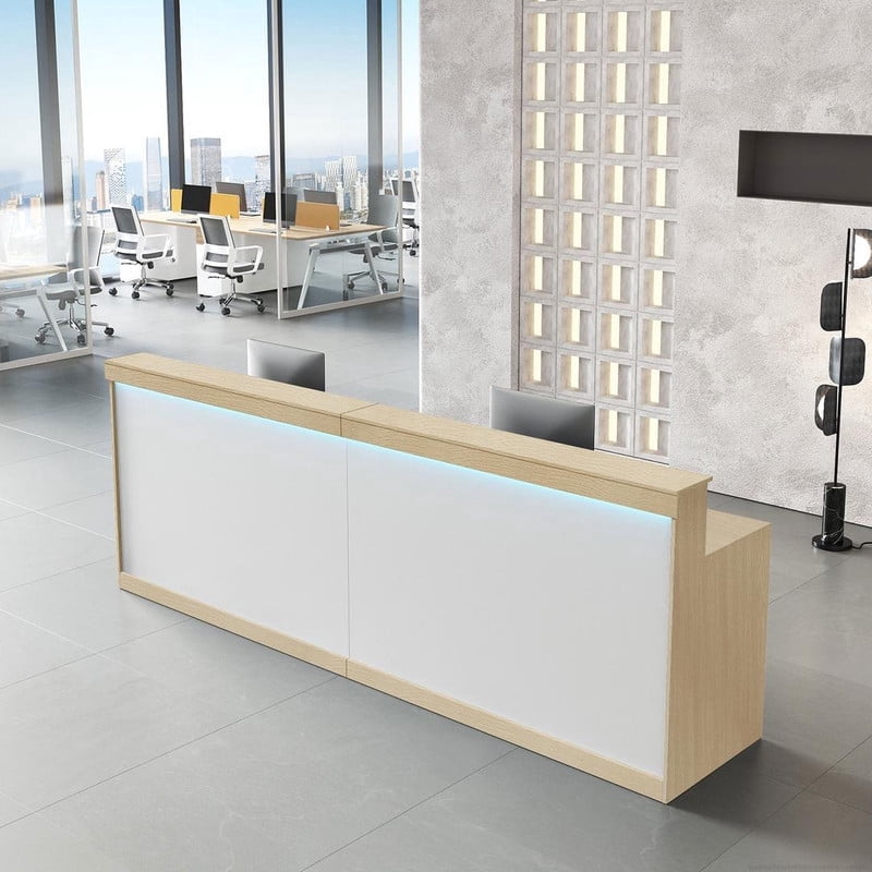 Modern Ergonomic Reception Desk With LED Lighting（Black Grain & White; 71"L x 24"W x 39"H）