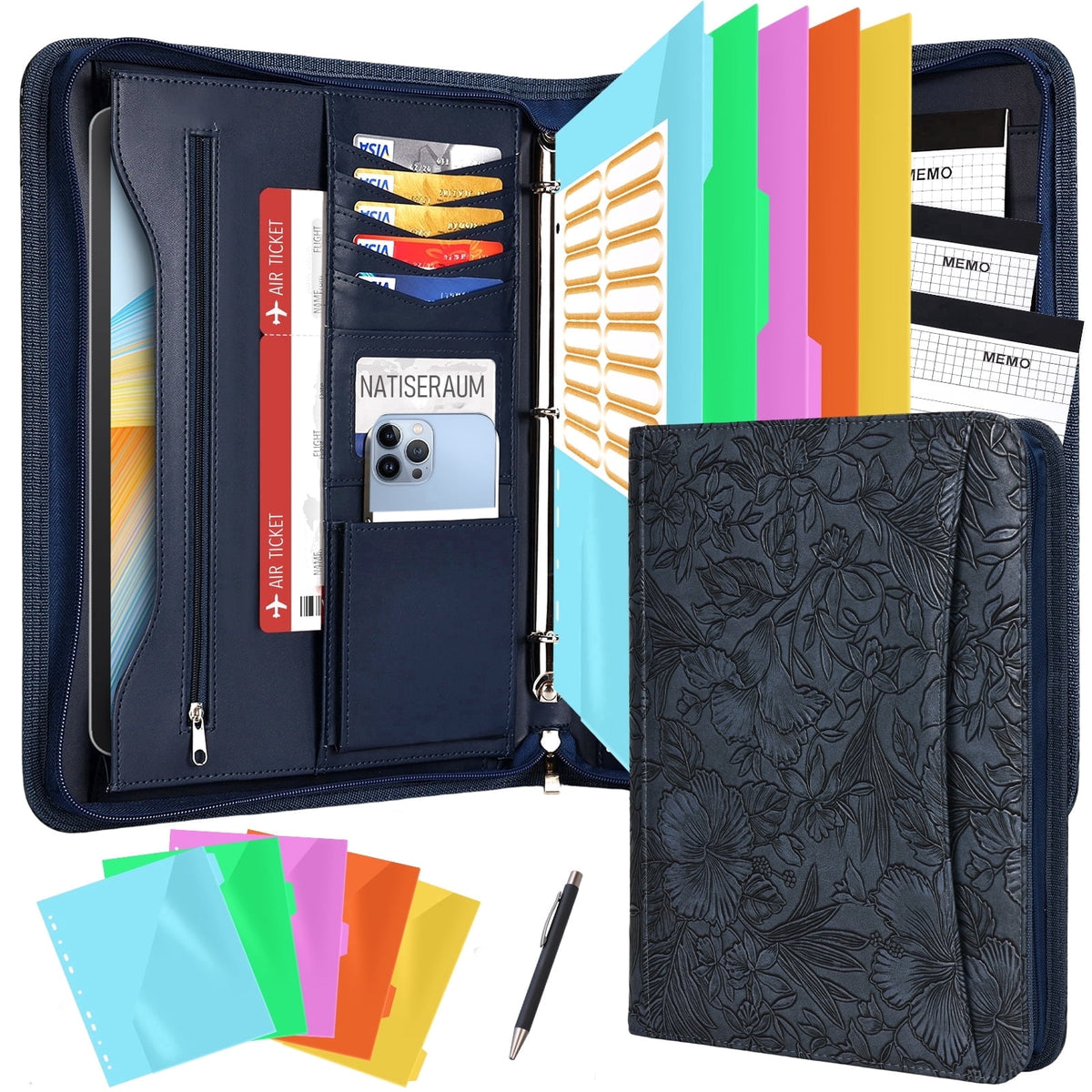 NATISERAUM Portfolio Binder, Includes 10 Sheet Protectors and 3 Notepads, 3-Ring Folder Organizer, A4 Padfolio with Zipper, Vegan Leather Tablet Sleeve,Office Supplies