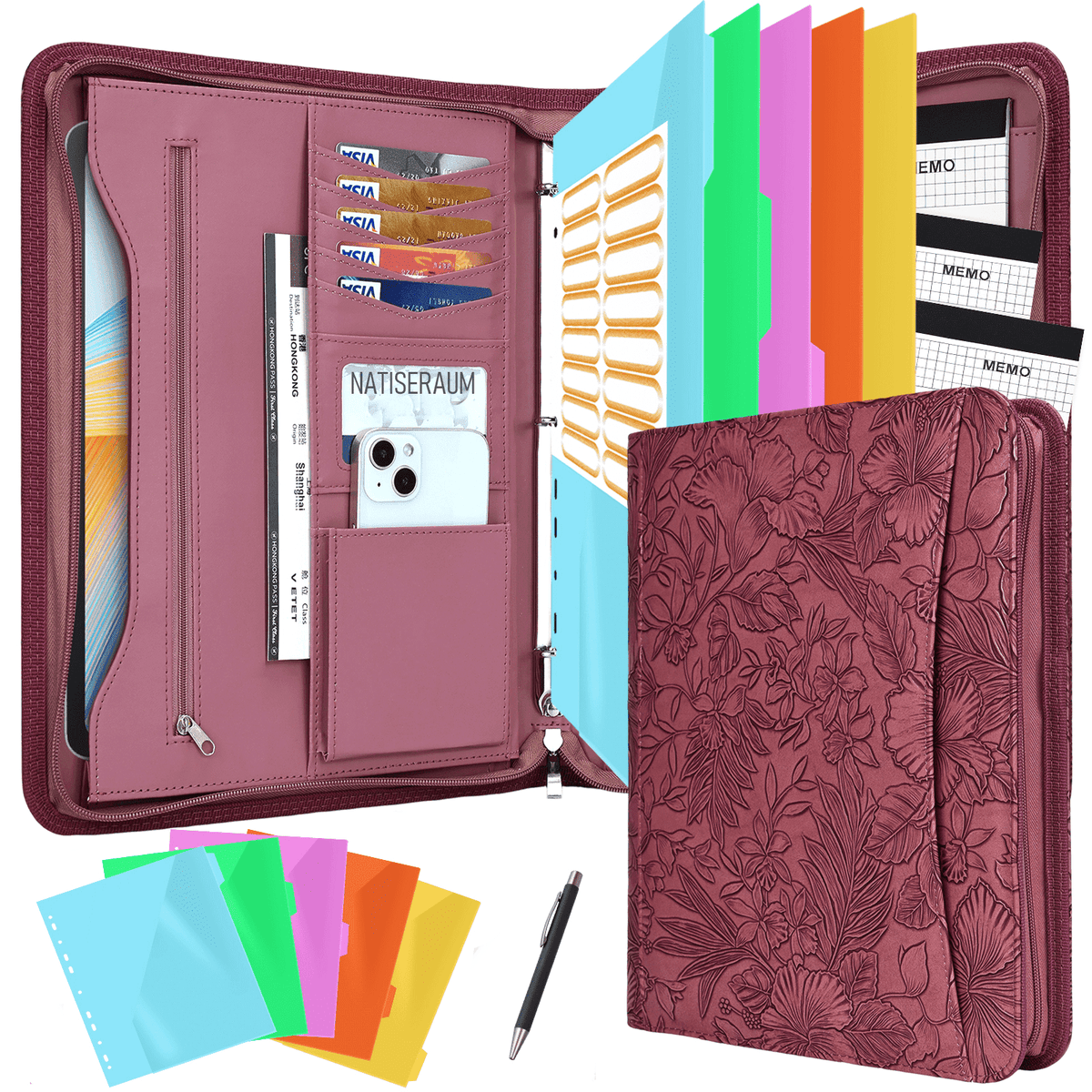 NATISERAUM Portfolio Binder, Includes 10 Sheet Protectors and 3 Notepads, 3-Ring Folder Organizer, A4 Padfolio with Zipper, Vegan Leather Tablet Sleeve,Office Supplies