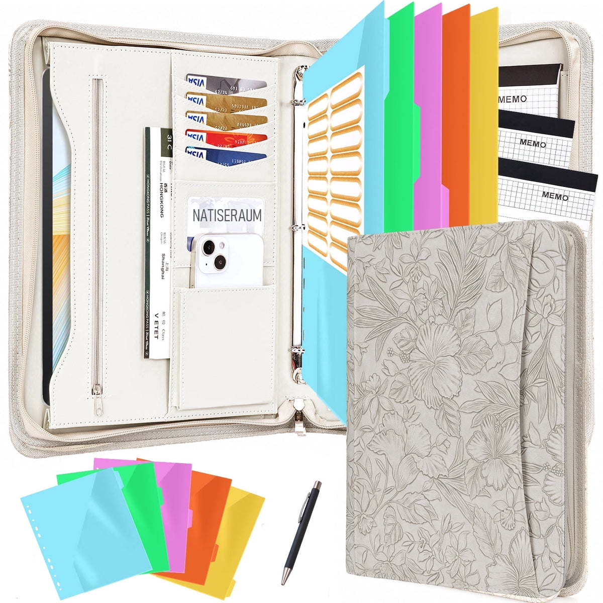 NATISERAUM Portfolio Binder, Includes 10 Sheet Protectors and 3 Notepads, 3-Ring Folder Organizer, A4 Padfolio with Zipper, Vegan Leather Tablet Sleeve,Office Supplies