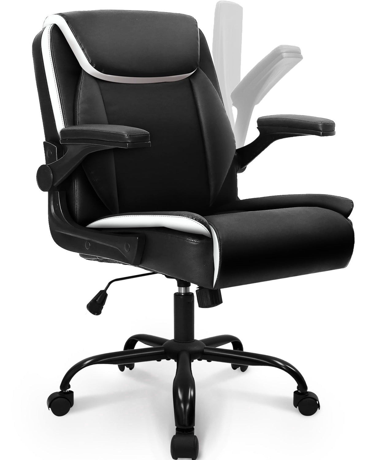 NEO CHAIR Office Desk Computer Chair Ergonomic Executive Mid-Back Leather Gaming Chair with Adjustable Flip-Up Armrests Wheels Swivel for Home Study Task (Jet Black)