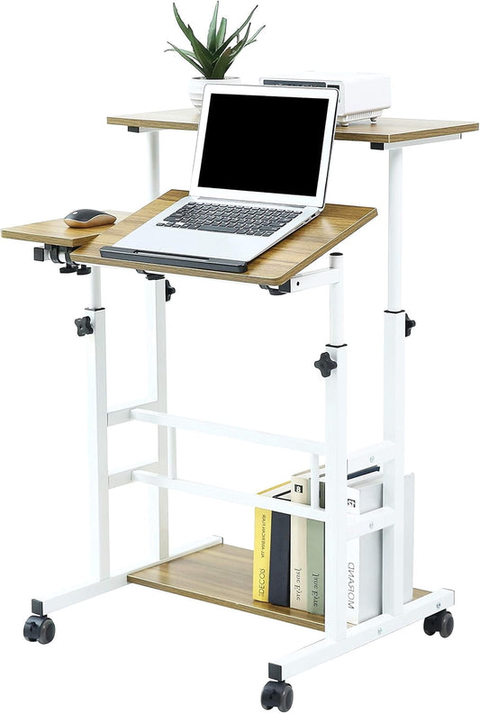 NurtureTail Height Adjustable Mobile Workstation with Wheels, Keyboard Tray & Storage Shelf, Rolling Laptop Desk for Home Office, Study & Small Spaces,White Frame/Ancient Oak Top