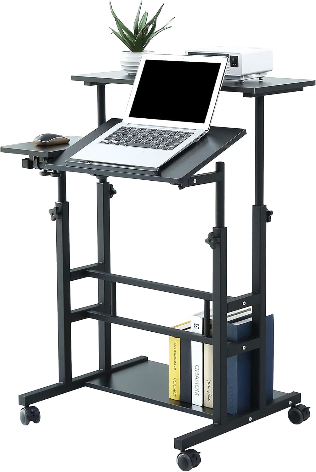 NurtureTail Height Adjustable Mobile Workstation with Wheels, Keyboard Tray & Storage Shelf, Rolling Laptop Desk for Home Office, Study & Small Spaces,White Frame/Ancient Oak Top