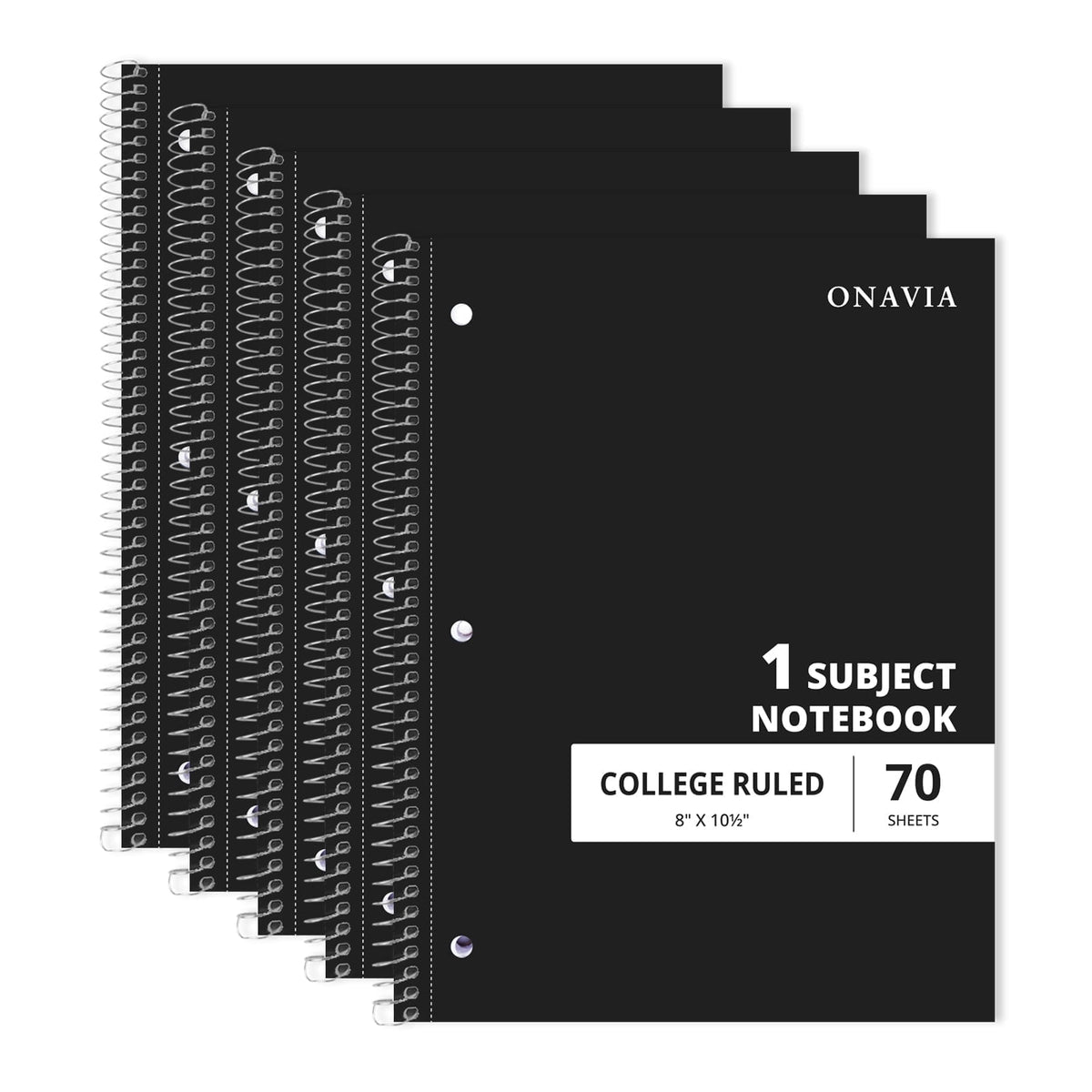 ONAVIA Spiral Notebook, College Ruled, 1 Subject Notebook Bulk, 5 Pack, 8" x 10.5", Durable Cardboard Back with 3 Hole Punched Paper for&nbsp;Classroom and Office, 70 Sheets, Black
