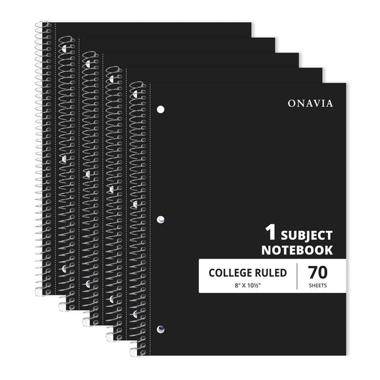 ONAVIA Spiral Notebook, College Ruled, 1 Subject Notebook Bulk, 5 Pack, 8" x 10.5", Durable Cardboard Back with 3 Hole Punched Paper for&nbsp;Classroom and Office, 70 Sheets, Black