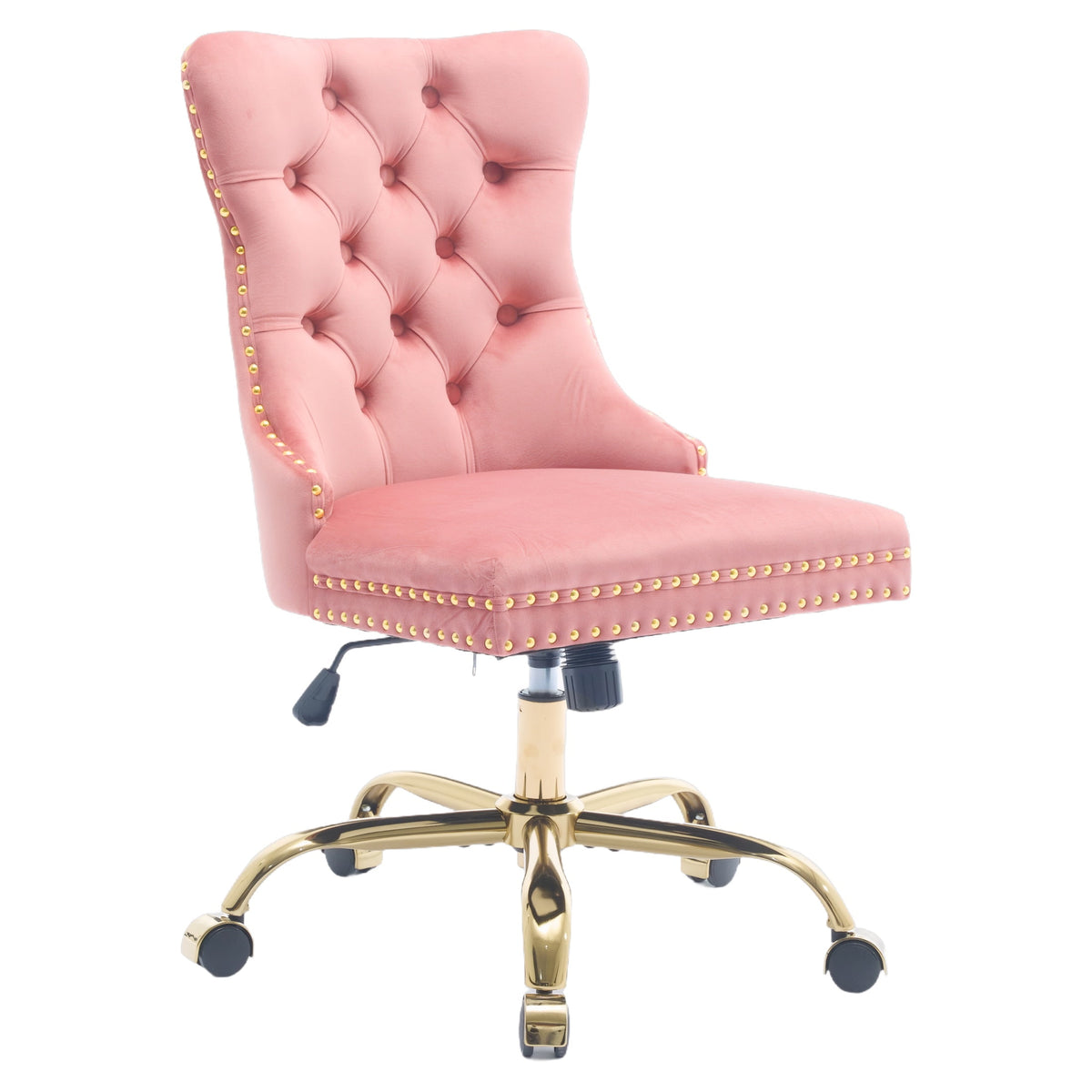 PAPROOS Vanity Chair, Swivel Home Office Chair, Ergonomic Home Desk Chair with Golden Metal Base, Adjustable Height, Velvet Upholstered Tufted Button Task Chair, Beige