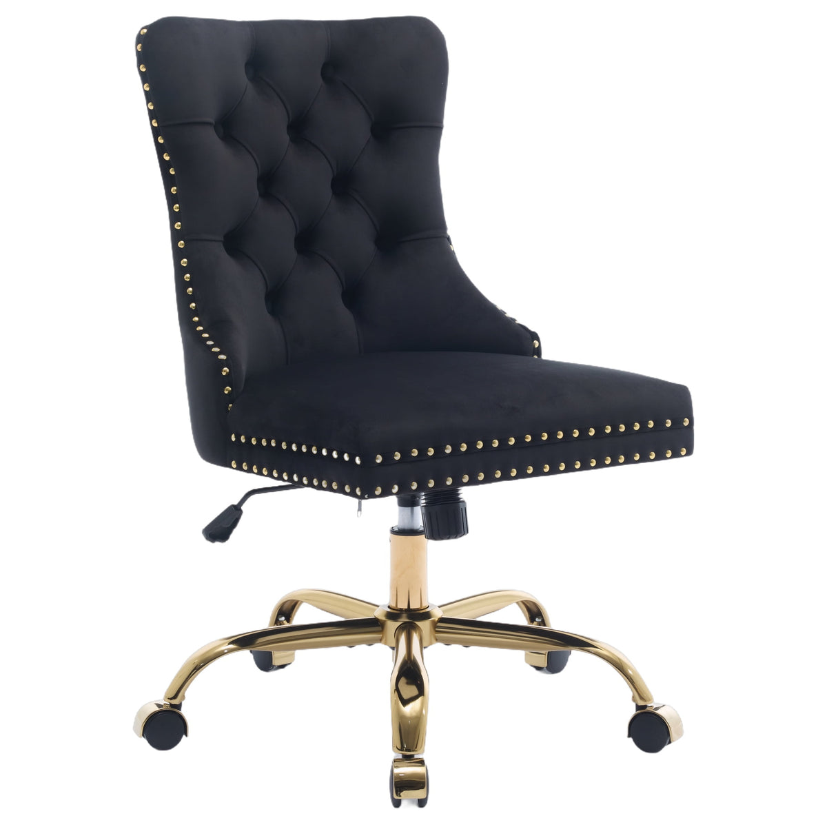 PAPROOS Vanity Chair, Swivel Home Office Chair, Ergonomic Home Desk Chair with Golden Metal Base, Adjustable Height, Velvet Upholstered Tufted Button Task Chair, Beige