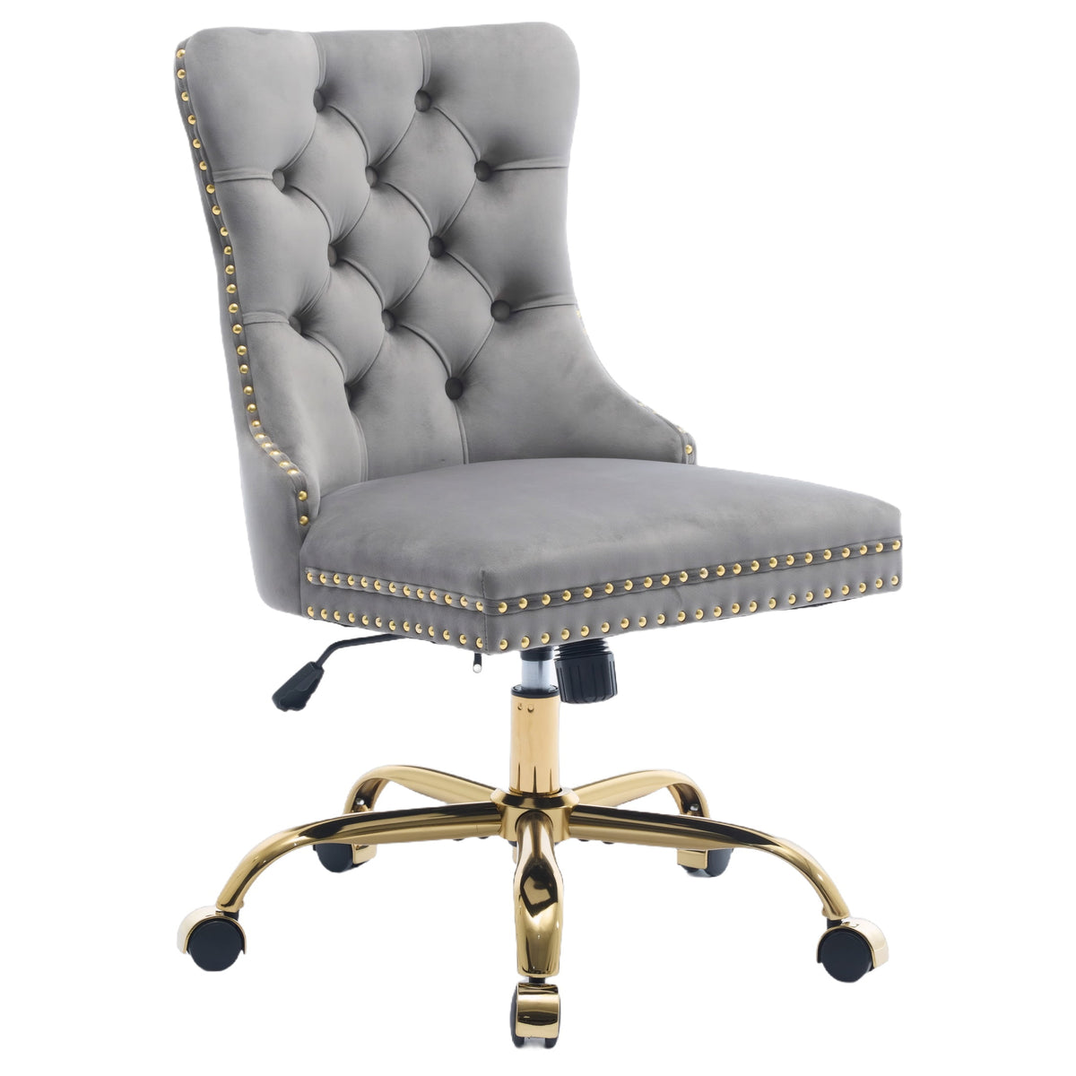 PAPROOS Vanity Chair, Swivel Home Office Chair, Ergonomic Home Desk Chair with Golden Metal Base, Adjustable Height, Velvet Upholstered Tufted Button Task Chair, Beige