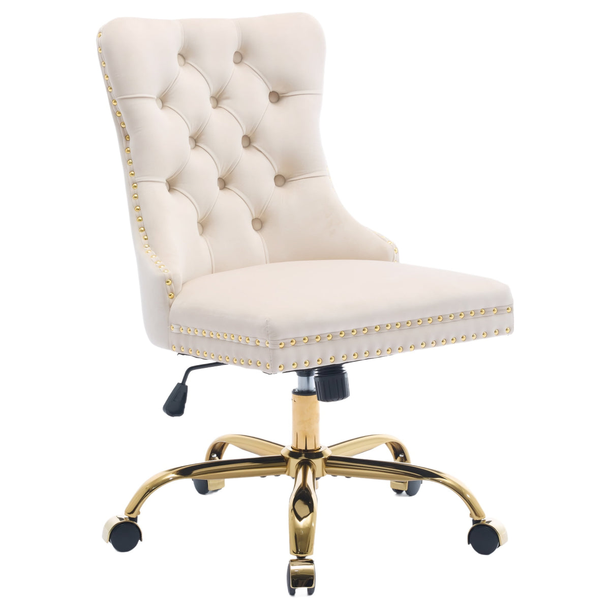 PAPROOS Vanity Chair, Swivel Home Office Chair, Ergonomic Home Desk Chair with Golden Metal Base, Adjustable Height, Velvet Upholstered Tufted Button Task Chair, Beige