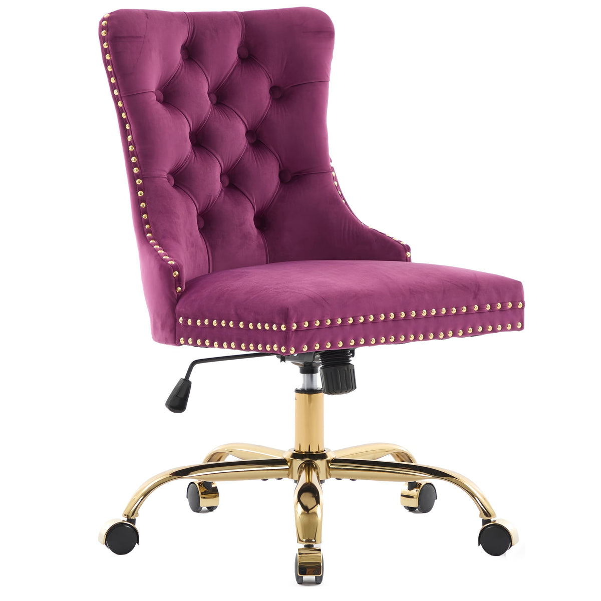 PAPROOS Vanity Chair, Swivel Home Office Chair, Ergonomic Home Desk Chair with Golden Metal Base, Adjustable Height, Velvet Upholstered Tufted Button Task Chair, Beige