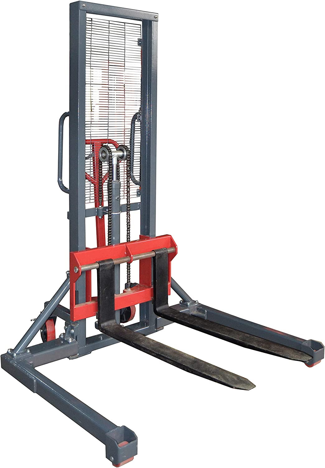 Pake Handling Tools Long Fork Manual Pallet Stacker Hand/Foot Pump Lift Truck Hydraulic Lift with Adjustable Fork and Straddle Legs, 2200 lbs Capacity, Lift Height 63", Fork 45.27" L, Leg 49.2" W