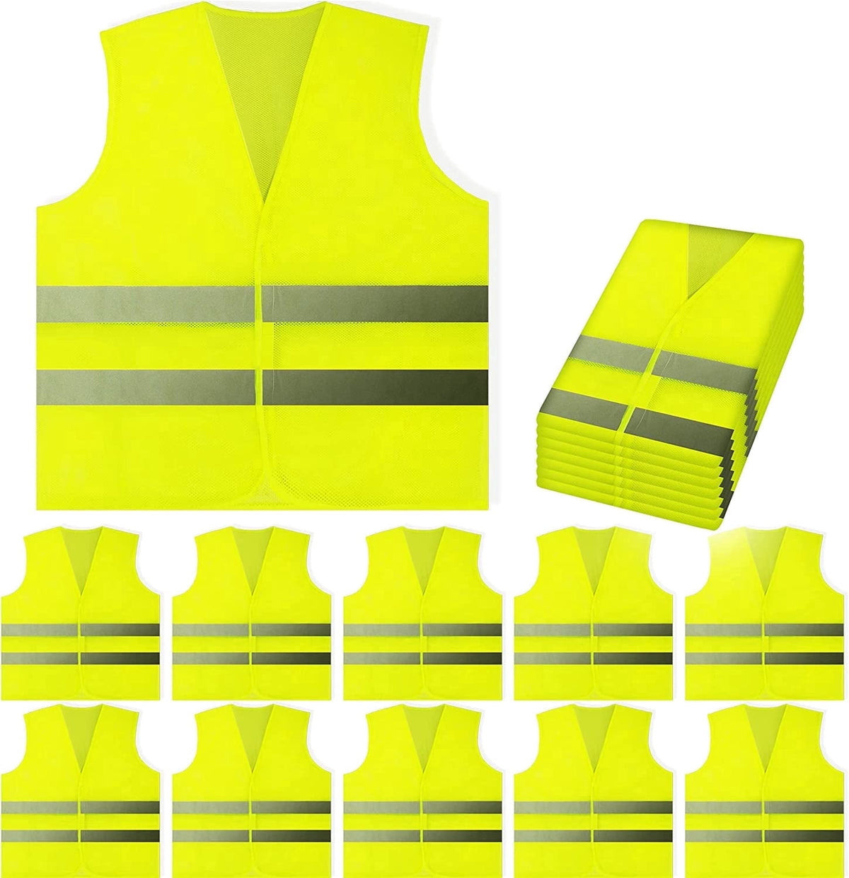 PeerBasics Safety Vests 10 Pack - Yellow Reflective High Visibility, Hi Vis Silver Strip, Men Women, Work, Runner, Surveyor, Volunteer, Crossing Guard, Road, Construction, Neon (Mesh, 10) 10 Yellow
