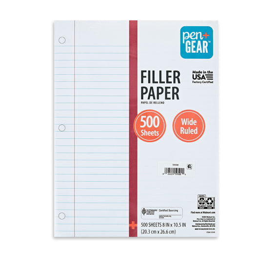 Pen+Gear Wide Ruled 8" x 10.5" Filler Paper, 500 Sheets