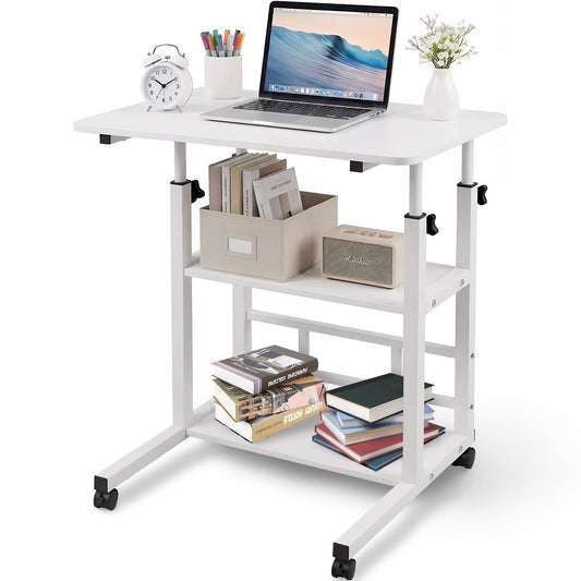 Portable Desk with Wheels Small Standing Desk on Wheels Adjustable Height Rolling Desk for Small Spaces 32 Inch Computer Desk with Storage Shelves for Home Office Study White