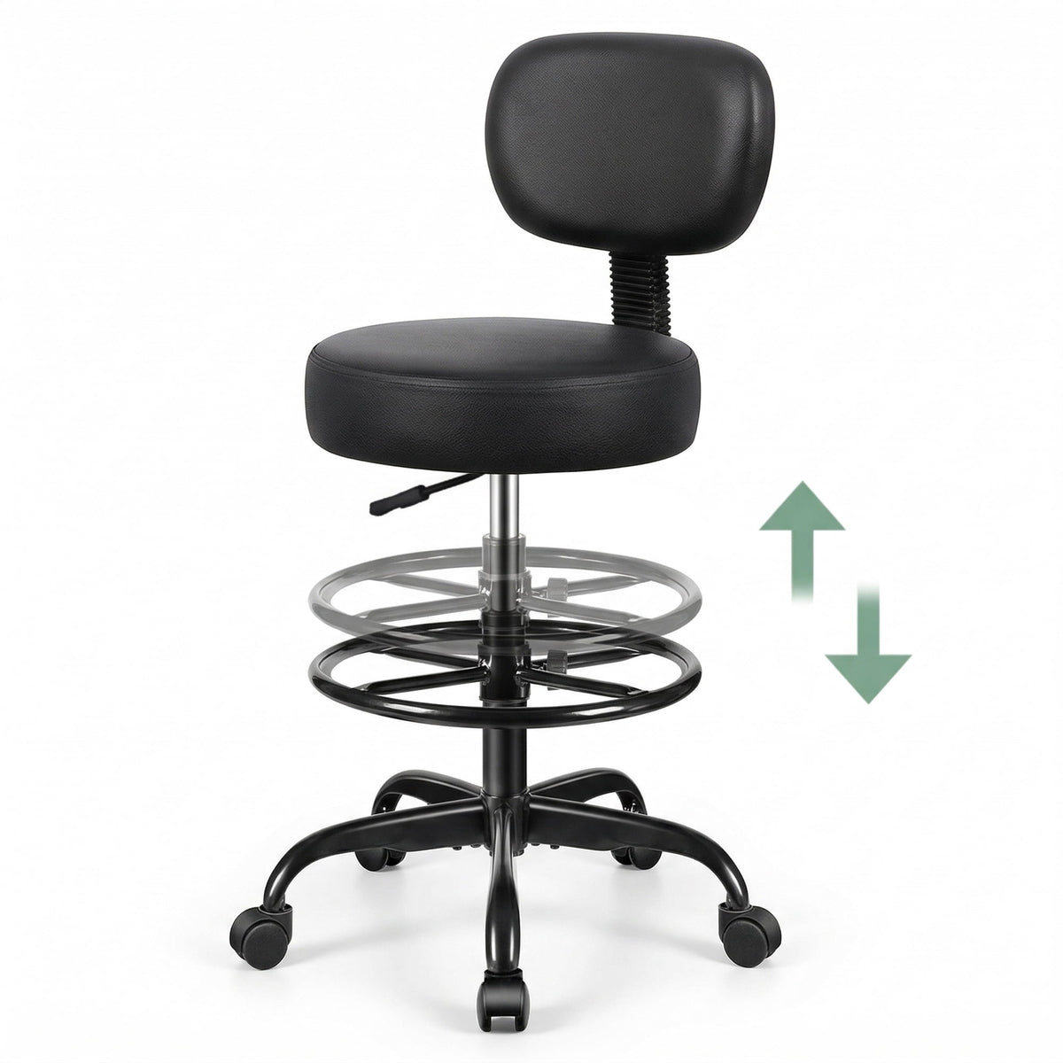 Primy Drafting Office Chair with Backrest - Adjustable Rolling Stool | Armless Office & Bar Height Chair | PU Leather with Thick Cushion | for Home, Office, Salon, Kitchen, Shop, Black