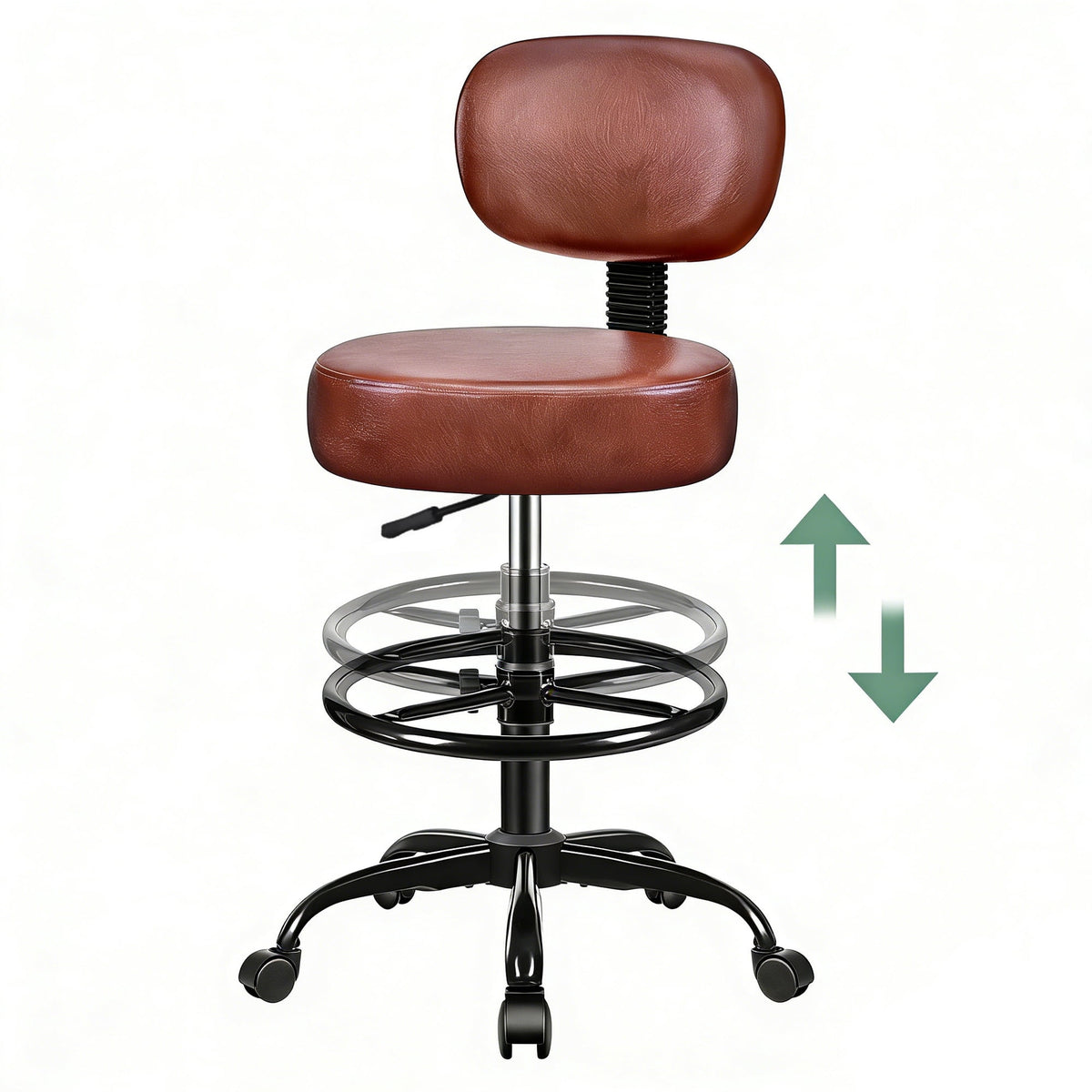 Primy Drafting Office Chair with Backrest - Adjustable Rolling Stool | Armless Office & Bar Height Chair | PU Leather with Thick Cushion | for Home, Office, Salon, Kitchen, Shop, Black