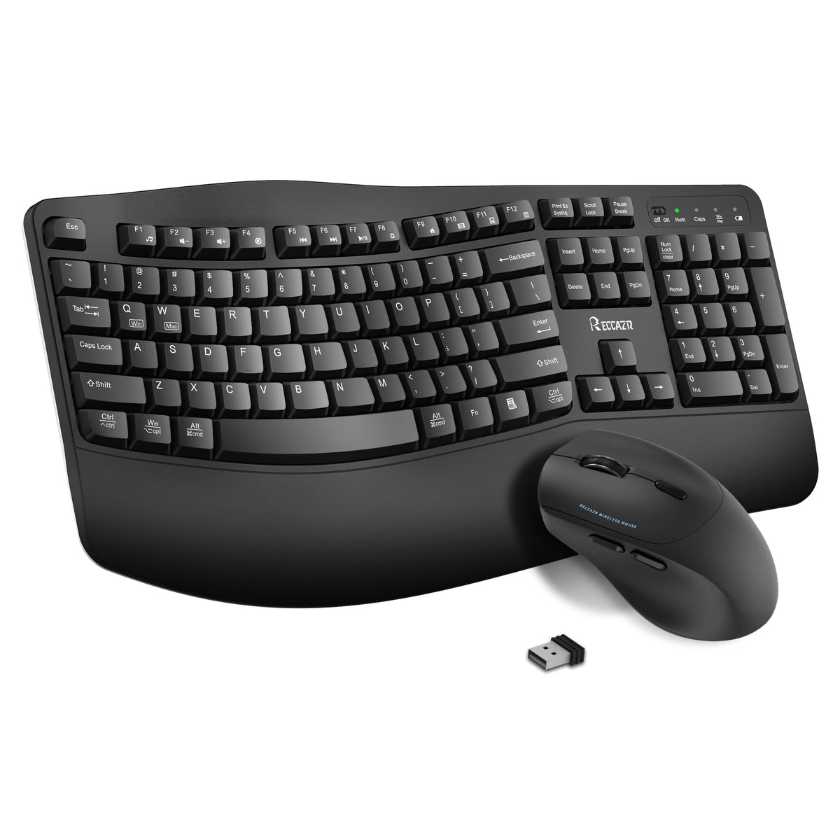 RECCAZR Advanced Combo Wireless Keyboard and Mouse, Wave Keys Ergonomic Keyboard with Wrist Rest and 3-Level DPI Adjustable Wireless Ergonomic Mouse for Windows, Mac OS Desktop/Laptop/PC(Black)