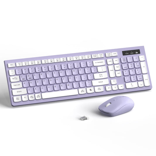 RECCAZR Wireless Keyboard and Mouse Combo , 2.4G Full Size, 12 Multimedia and Shortcut Keys, 3-Year Battery Life, for Windows, Mac OS Desktop/Laptop/PC(Purple)