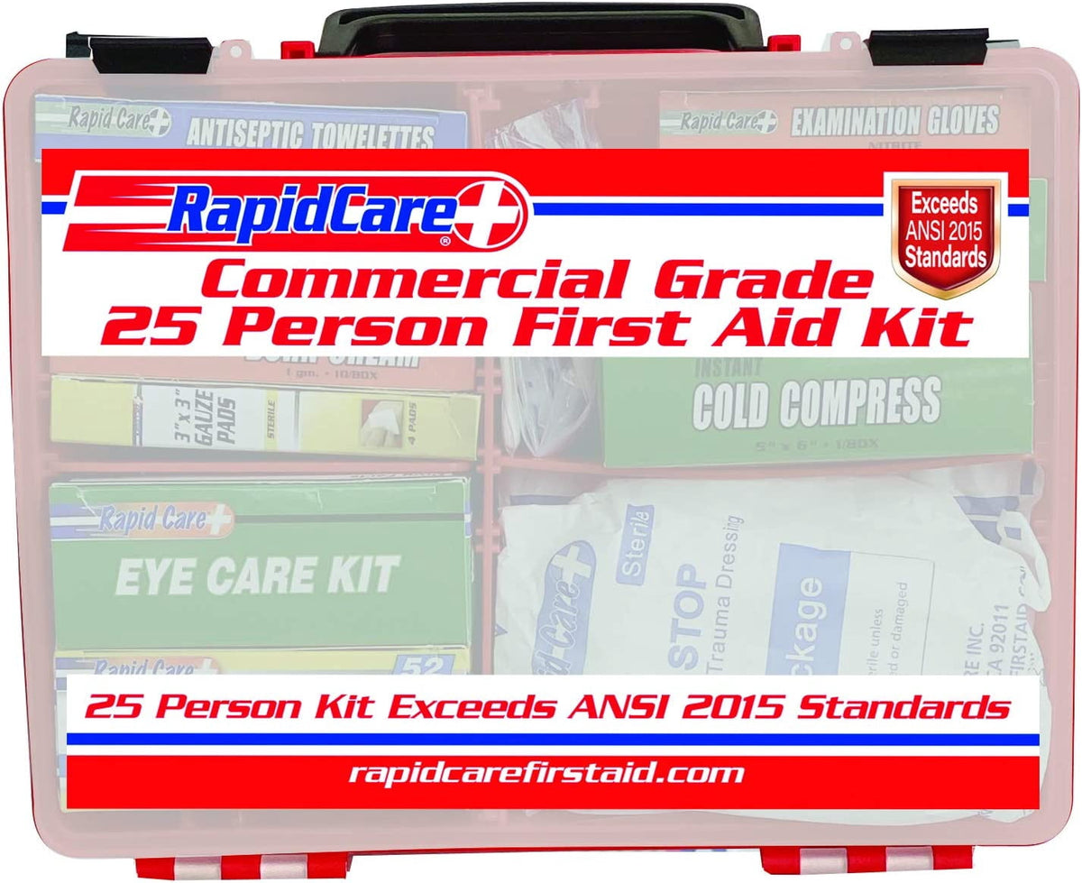 Rapid Care First Aid 839-1-12AN Premium Commercial Grade 25 Person First Aid Kit, Exceeds OSHA/ANSI 2015 Standards, In Detachable Wall Mountable Poly Case