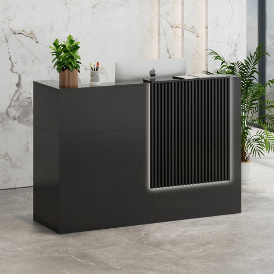 63" Modern Reception Desk with Wooden Grille Front Design, Built-in Power Outlets and Lockable Drawers for Salon, Office, Lobby or Retail Store, Black