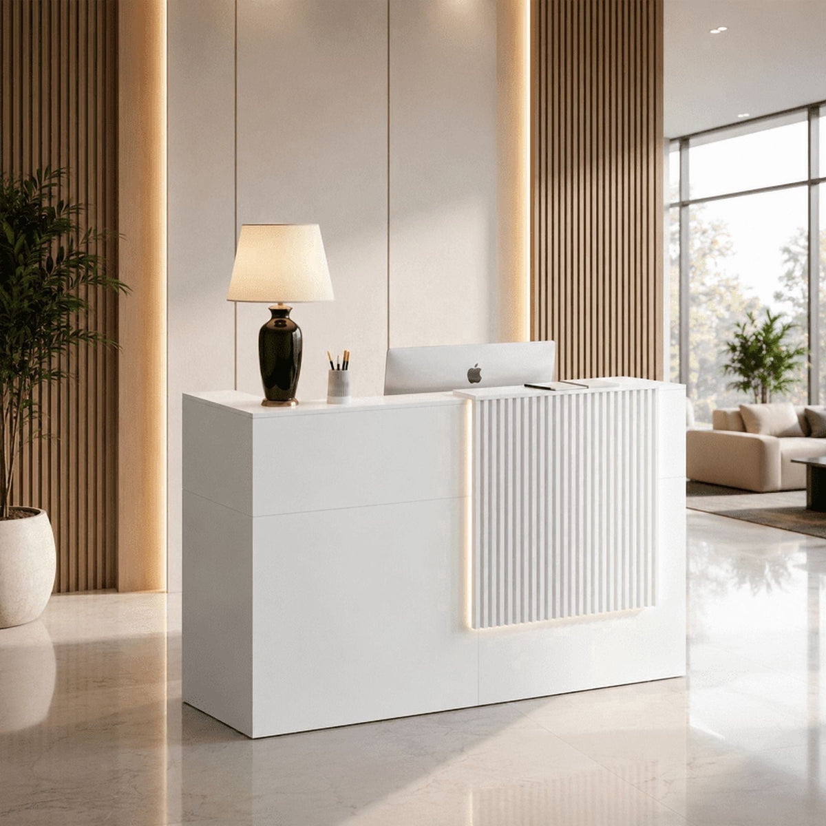 63" Modern Reception Desk with Wooden Grille Front Design, Built-in Power Outlets and Lockable Drawers for Salon, Office, Lobby or Retail Store, Black