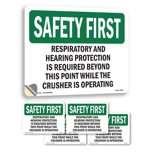 Respiratory And Hearing Protection Is Required OSHA SAFETY FIRST Vinyl Decal Label 18 Inch x 12 Inch - 5 Pack