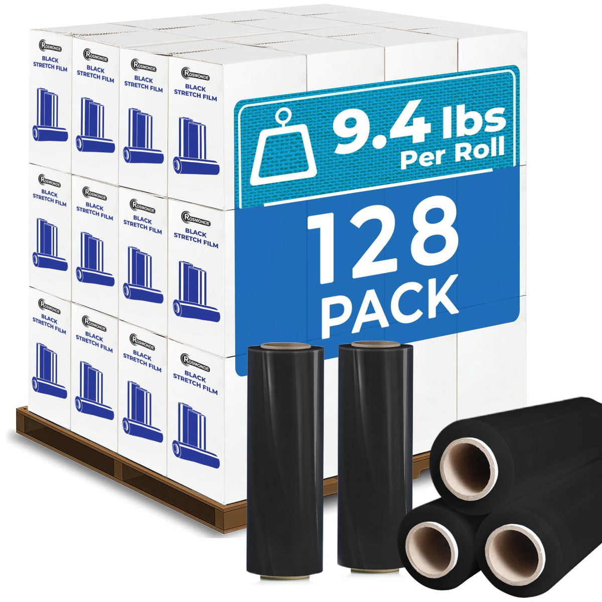 Rosmonde Black Plastic Stretch Wrap Bulk, 128 Rolls Pack, 18 in x 1500 ft, 80 Gauge Thick, 9.4 lbs/Roll, Industrial Strength Shrink Wrap for Warehouse, Moving & Secure Pallet Wrapping