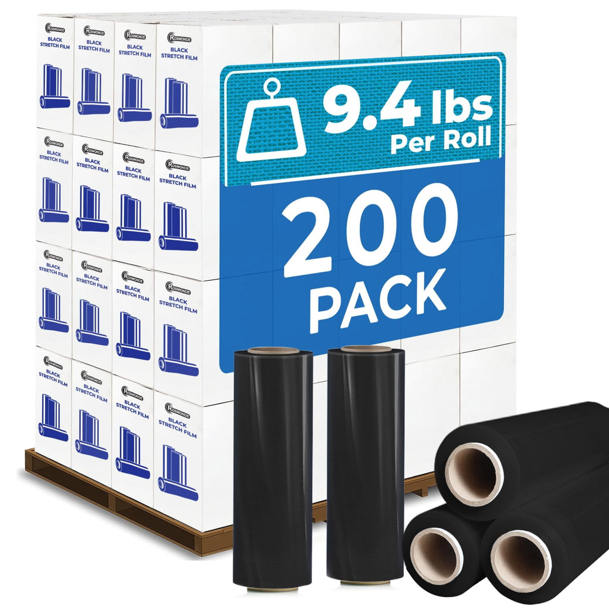 Rosmonde Black Plastic Stretch Wrap Bulk, 200 Rolls, 18 in x 1500 ft, 80 Gauge Thick, 3 in Core, Industrial Shrink Wrap for Warehouse, Moving, Shipping & Secure Packaging