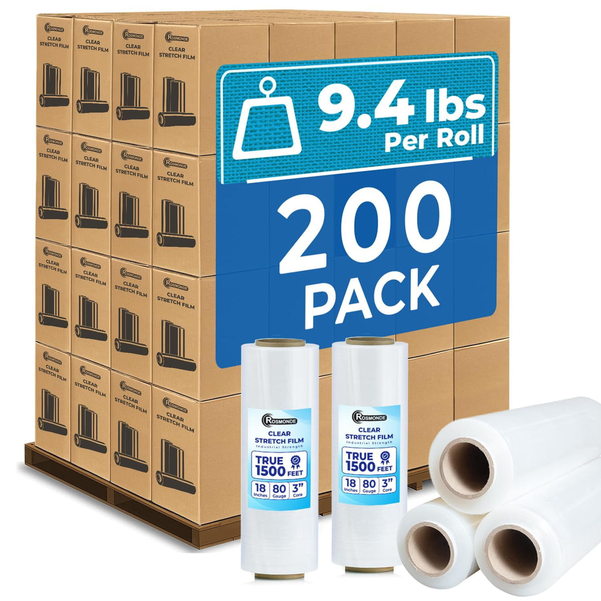 Rosmonde Plastic Stretch Wrap Bulk, 200 Pack, 18 in x 1500 ft, 80 Gauge Thick, 9.4 lbs/Roll, Heavy Duty Shrink Wrap for Moving, Storage & Warehouse Pallet Wrapping
