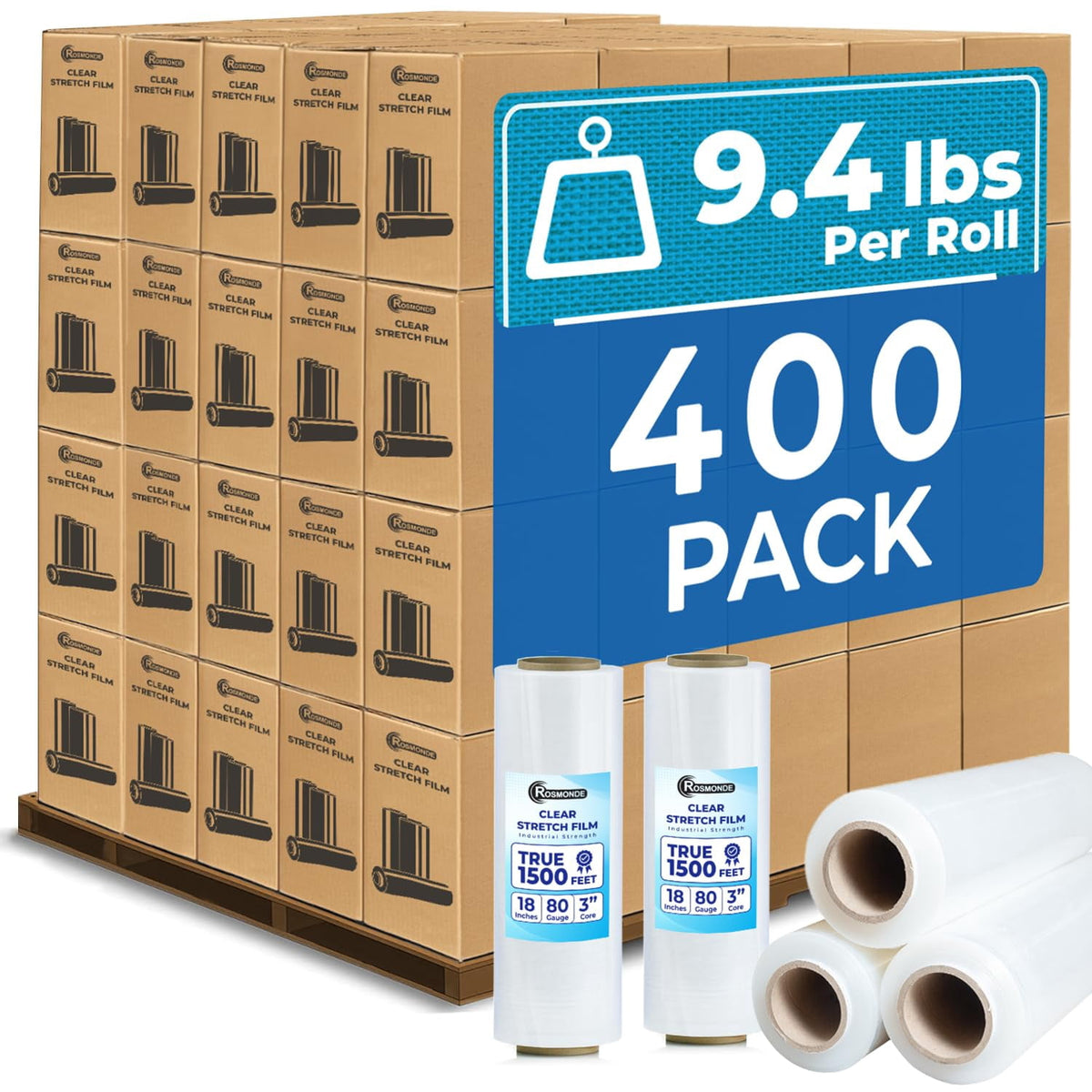 Rosmonde Plastic Stretch Wrap Bulk, 400 Pack, 18 in x 1500 ft, 80 Gauge Thick, 9.4 lbs/Roll, Heavy Duty Shrink Wrap for Moving, Storage & Warehouse Pallet Wrapping