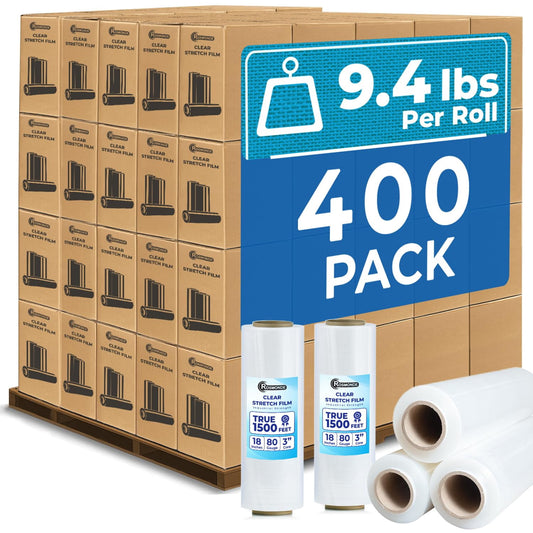 Rosmonde Plastic Stretch Wrap Bulk, 400 Pack, 18 in x 1500 ft, 80 Gauge Thick, 9.4 lbs/Roll, Heavy Duty Shrink Wrap for Moving, Storage & Warehouse Pallet Wrapping