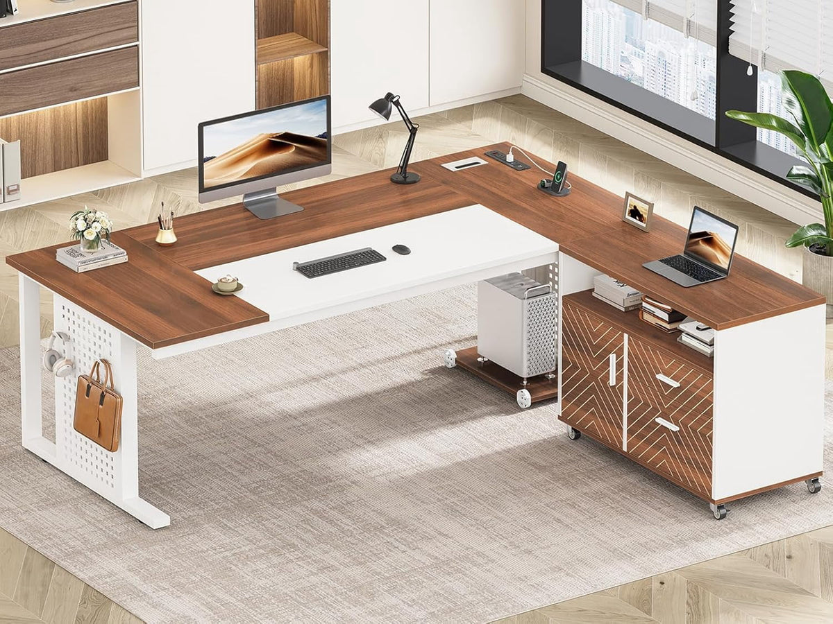SEDETA 71" Executive Desk with Rolling File Cabinet, Large Office Desk with Drawers, L Shaped Computer Desk with Power Outlets, CPU Stand, Pegboard and Storage Shelves, Walnut