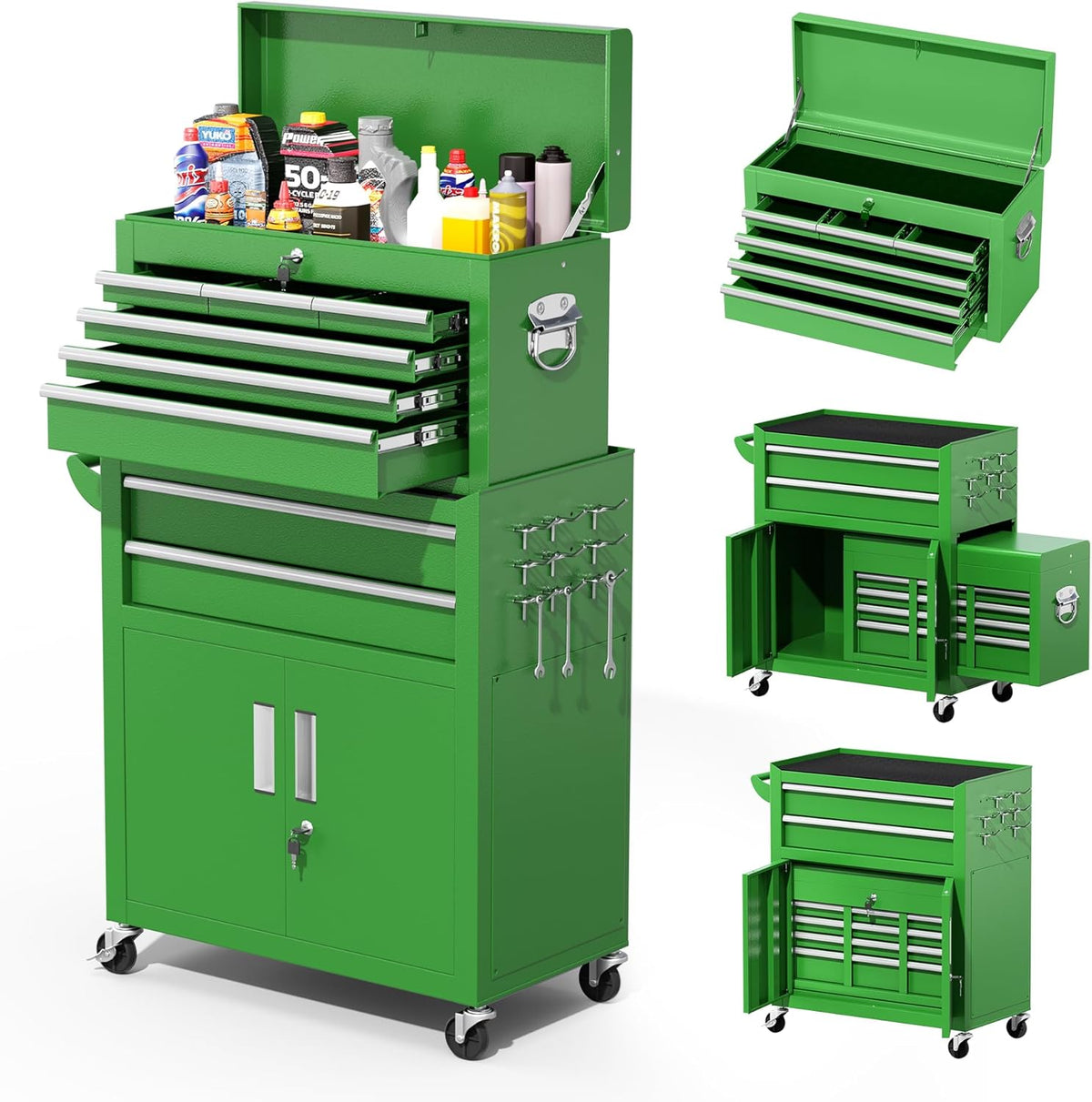 SOLAURA 8-Drawer Rolling Tool Chest with Detachable Top Box, Metal Tool Box with Wheels, Lockable Storage Cabinet for Warehouse, Garage, Workshop, Barbershop, Purple