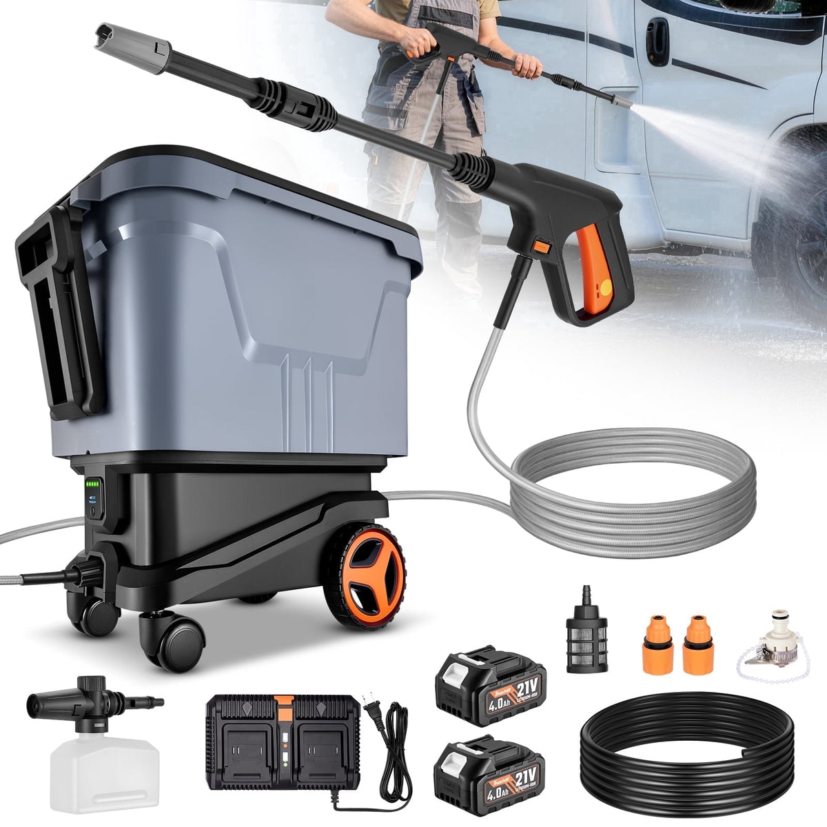 SPBTAR Electric High Pressure Washer, 2000PSI Cordless Pressure Washer with 3 Modes of Water Supply, 0°-180° Swivel Joint, 7.2 Gallon Tank & Wheels for Car/Fences/Driveway/Home/Patio Cleaning