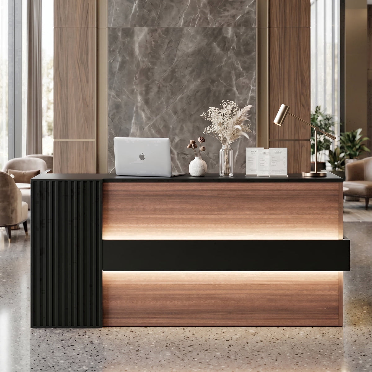 STICCIO L-Shaped Reception Desk with RGB LED Lights, 3 AC Outlets, USB-C and Combination Lock Drawer, 78 x 63 inch Front Desk for Office Lobby Salon