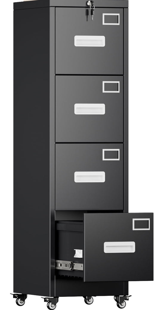 SUPEER 56"H 4 Drawer File Cabinets with Wheels, Metal Vertical File Storage Cabinet for Office Home, A4 Letter /Legal Size, , Assembly Required (Black）